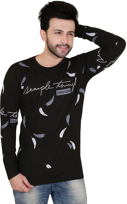 Printed Men Round Neck Black T-Shirt 