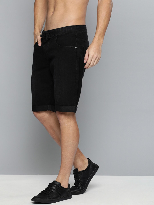 HERE\u0026NOW Solid Men Black Denim Shorts 