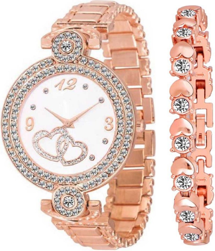 zuperia diamond studded analogue watch with rose gold dot bracelet