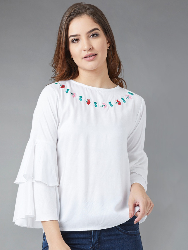 Sleeve Solid Women White Top Online 