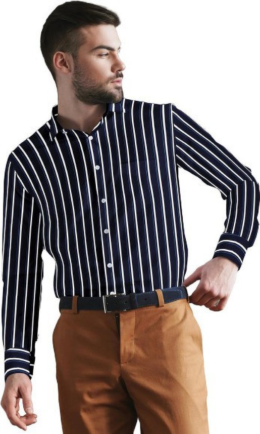 dark blue shirt with white lines