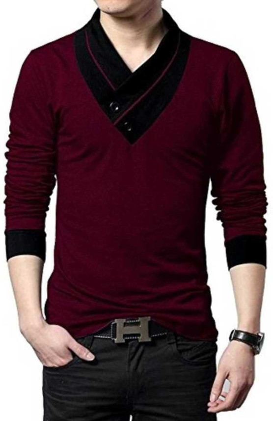 Color Block Men V Neck Maroon T-Shirt 