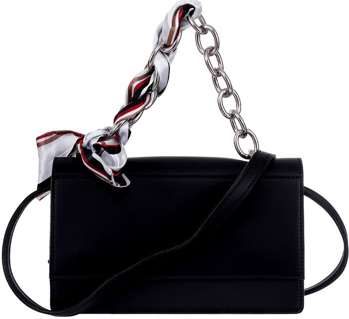 black sling bag with silver chain