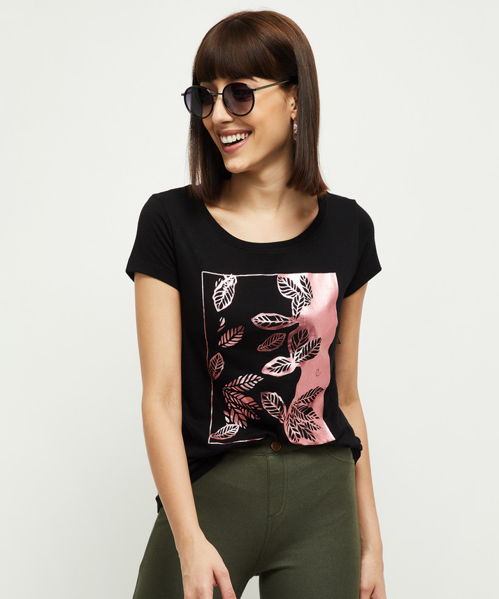 MAX Printed Women Round Neck Black T 