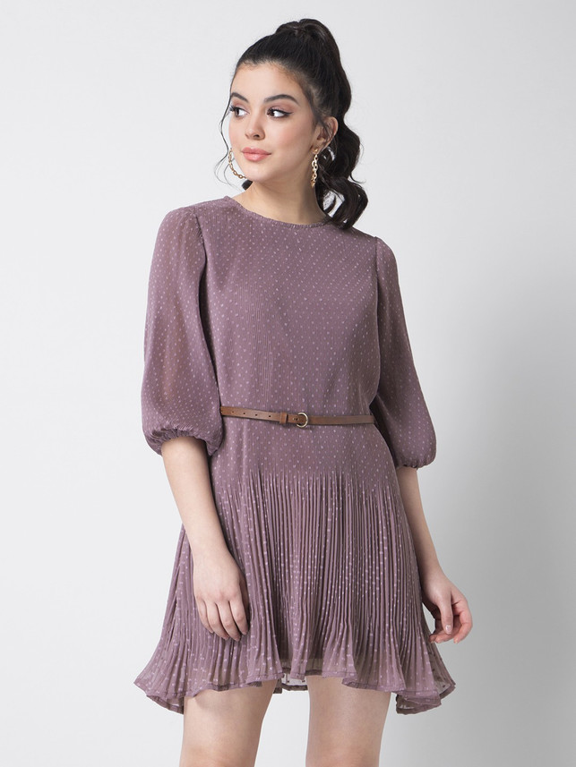 FABALLEY Women Pleated Purple Dress 
