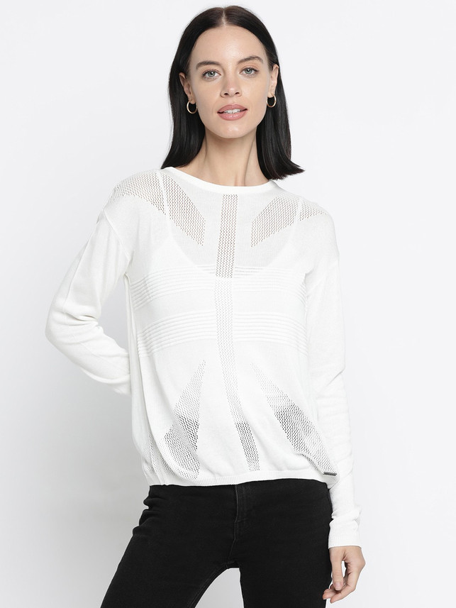 Round Neck Casual Women White Sweater 