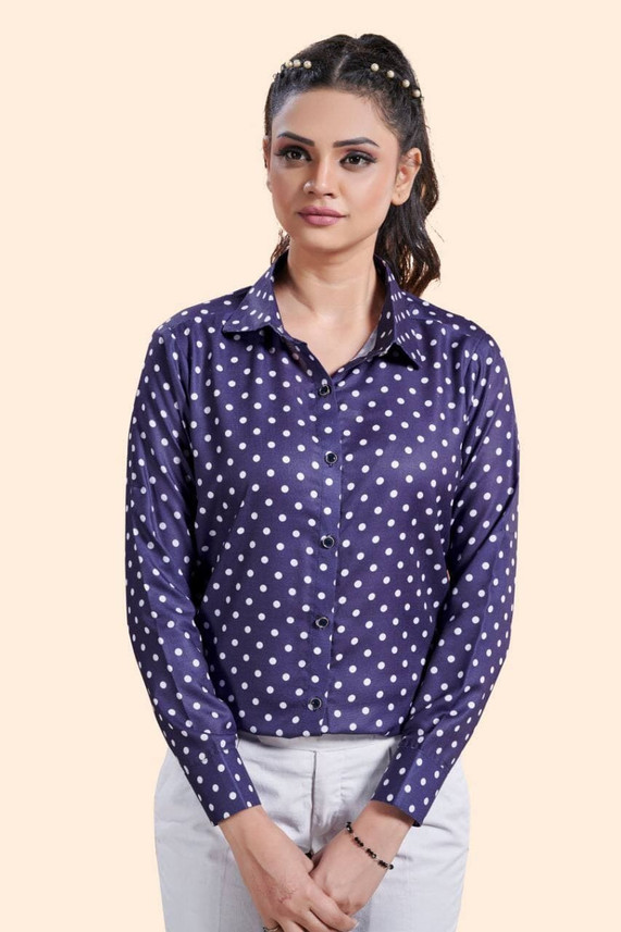 Women Polka Print Party Blue Shirt 