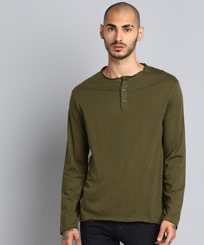 Solid Men Henley Neck Green T-Shirt 