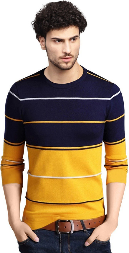 Eyebogler Striped Men Round Neck Yellow 