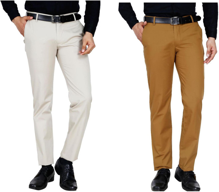 Slim Fit Men White, Brown Trousers 
