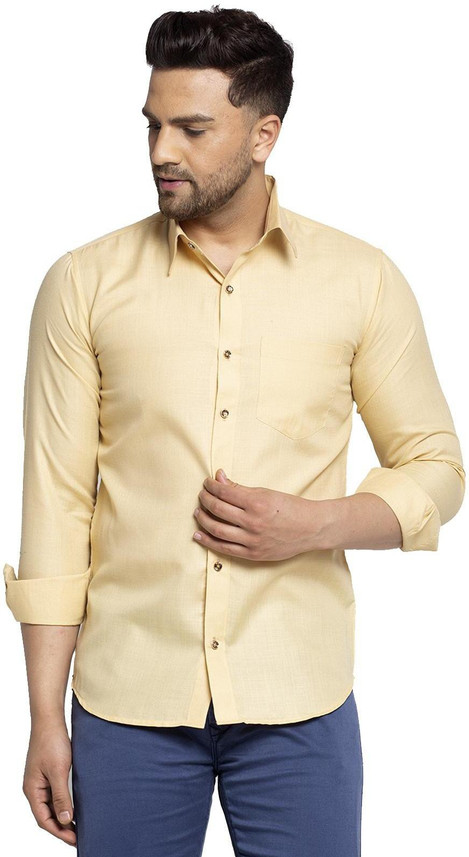 BANHUSSAIN Men Solid Casual Gold Shirt 