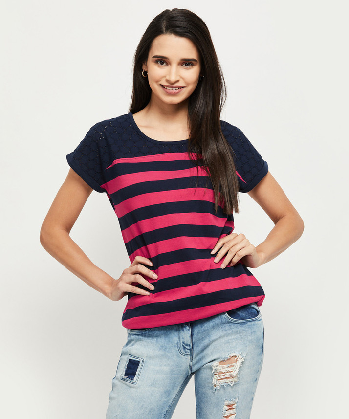 MAX Striped Women Round Neck Blue T 