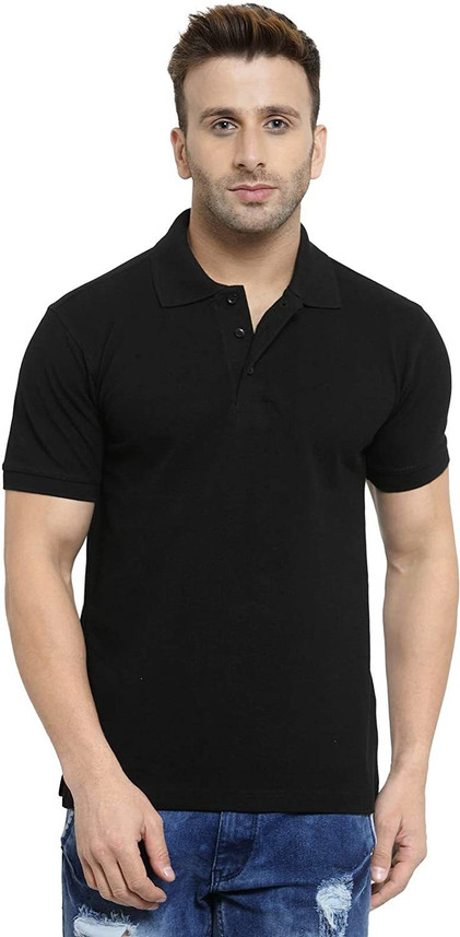 HCC Solid Men Polo Neck Black T-Shirt 