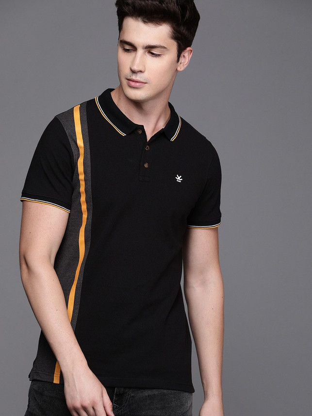 WROGN Woven Men Polo Neck Black T-Shirt 