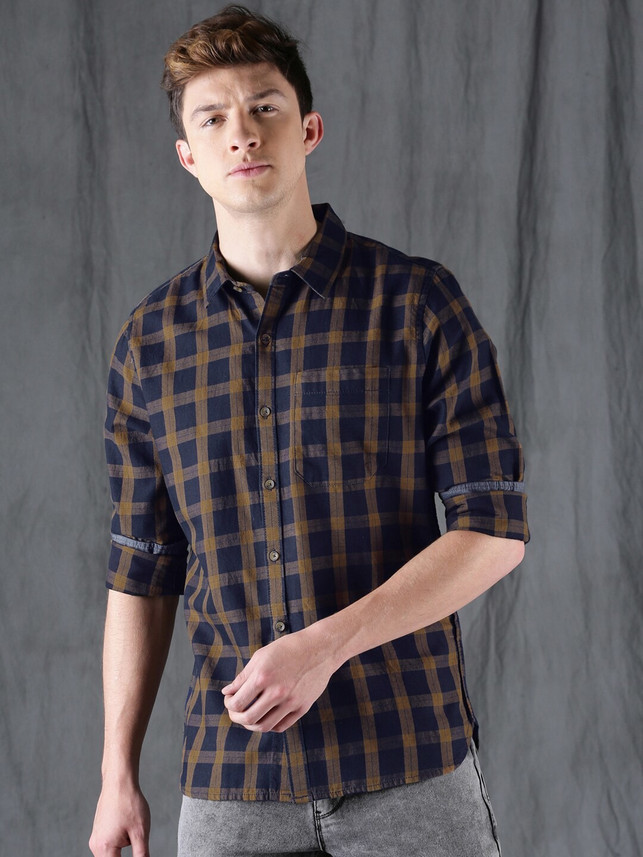 WROGN Men Checkered Casual Yellow, Dark 