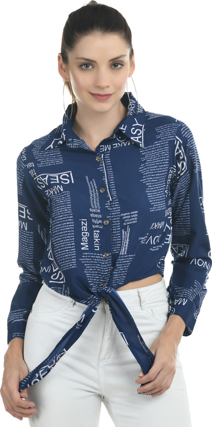lexrex Women Printed Casual Blue Shirt 