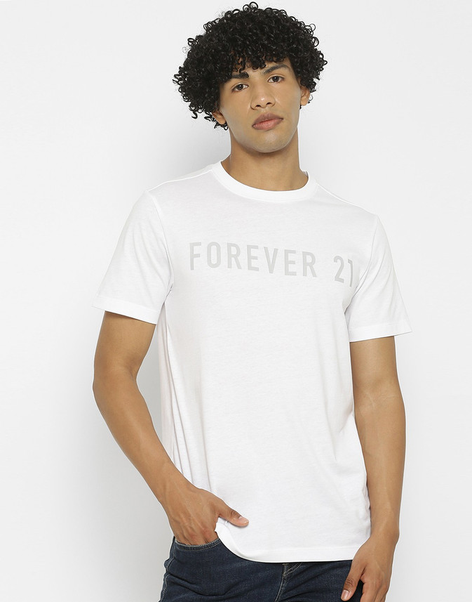 FOREVER 21 Solid Men Round Neck White T 