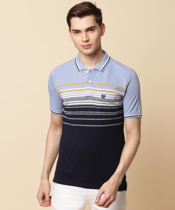 DUKE Striped Men Polo Neck Blue T-Shirt 