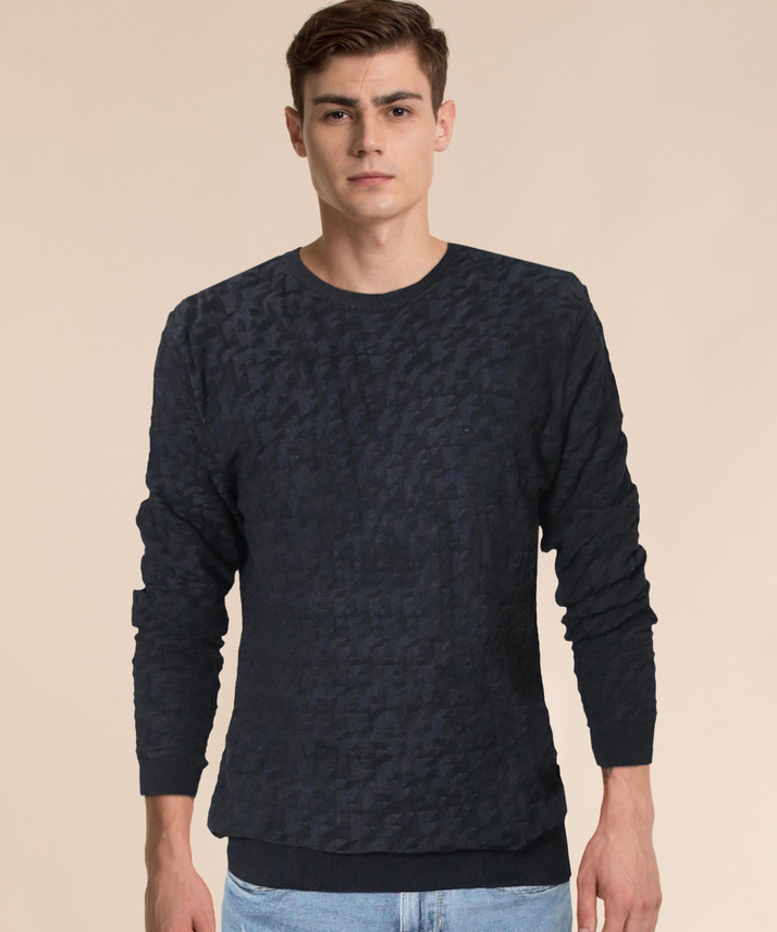 Round Neck Casual Men Black Sweater 