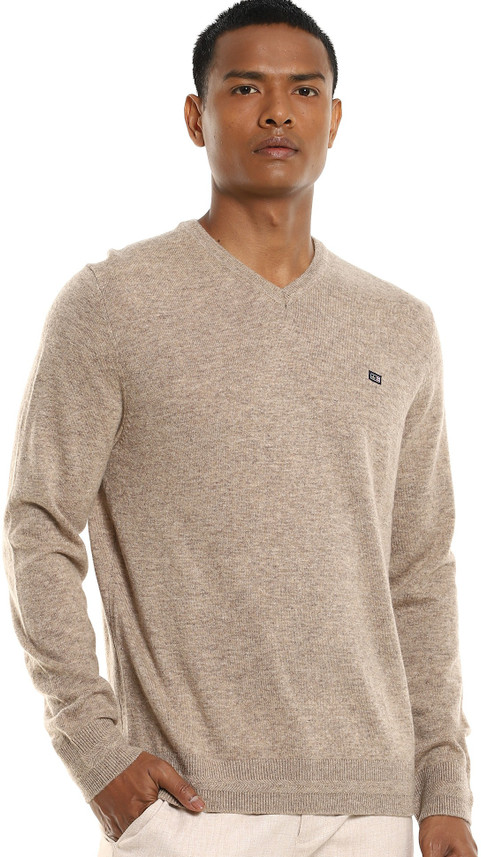 V Neck Casual Men Brown Sweater 