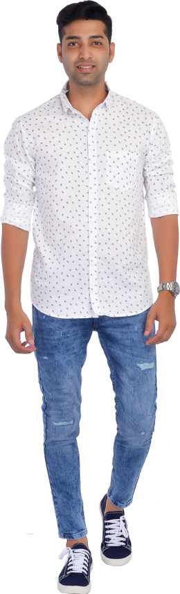 Men Printed Casual White Shirt 