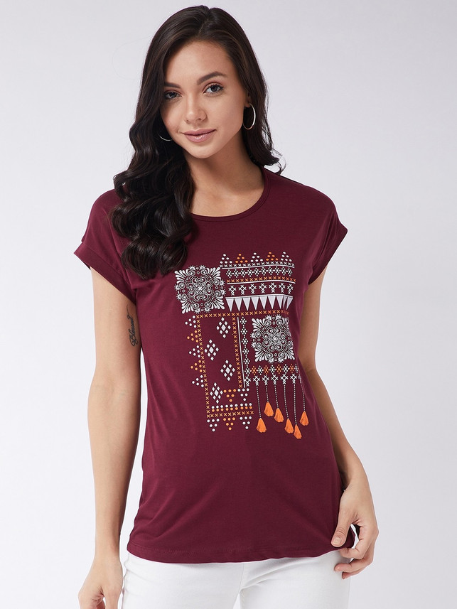 MODEVE Printed Women Round Neck Maroon 