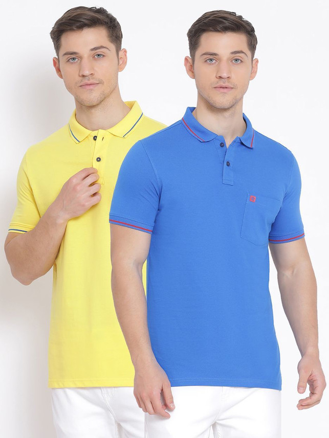 TURTLE Solid Men Polo Neck Yellow, Blue 