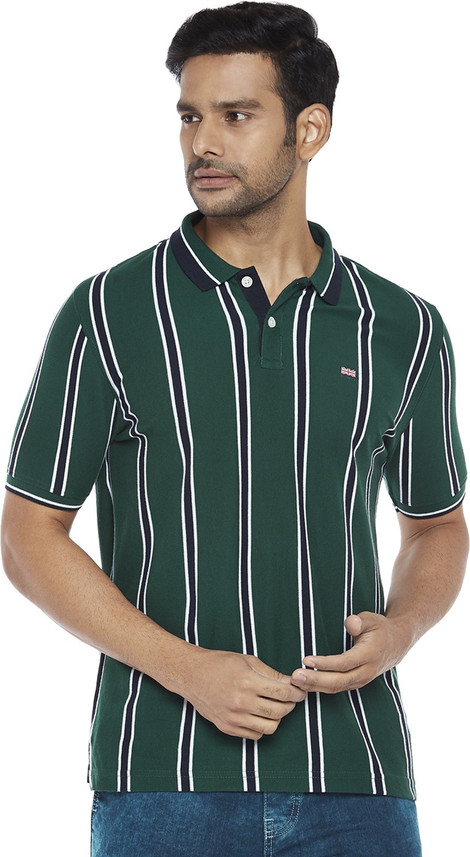 Pantaloons Striped Men Polo Neck Green 