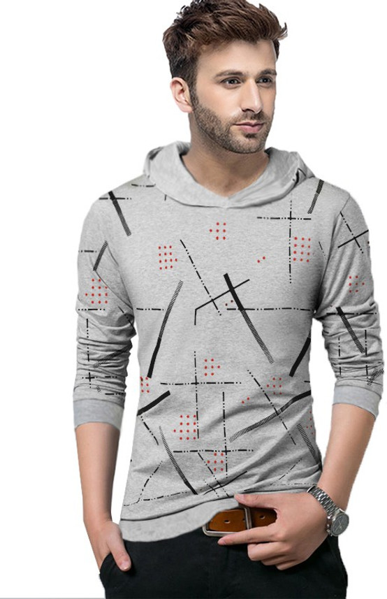 TRIPR Abstract Men Hooded Neck Grey T 
