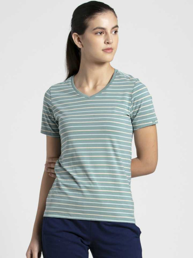 JOCKEY Striped Women V Neck Green T 