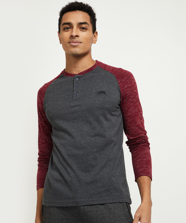MAX Color Block Men Henley Neck Grey T 