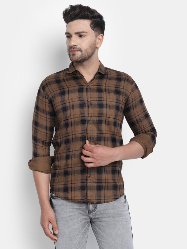 MISTY Men Checkered Casual Brown Shirt 