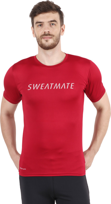 Sweatmate Solid Men Round Neck Red T 