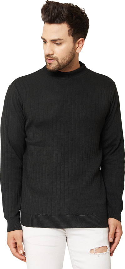 High Neck Casual Men Black Sweater 