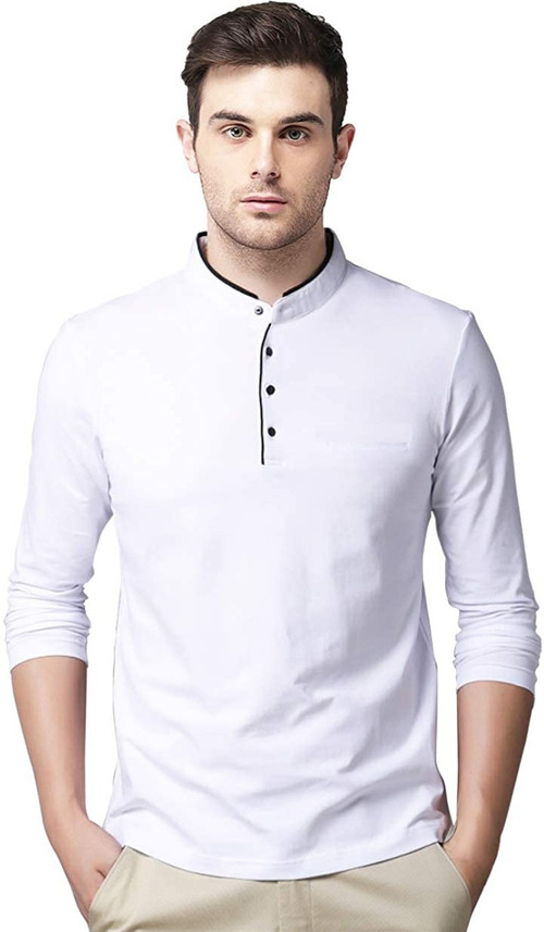 Solid Men Mandarin Collar White T-Shirt 