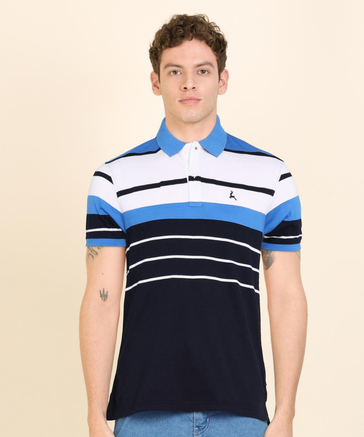 PARX Striped Men Polo Neck Blue T-Shirt 