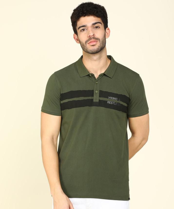 Spykar Printed Men Polo Neck Dark Green 