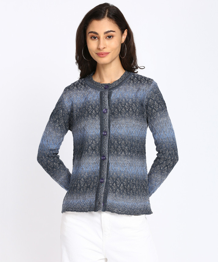 TAB91 Women Button Self Design Cardigan 