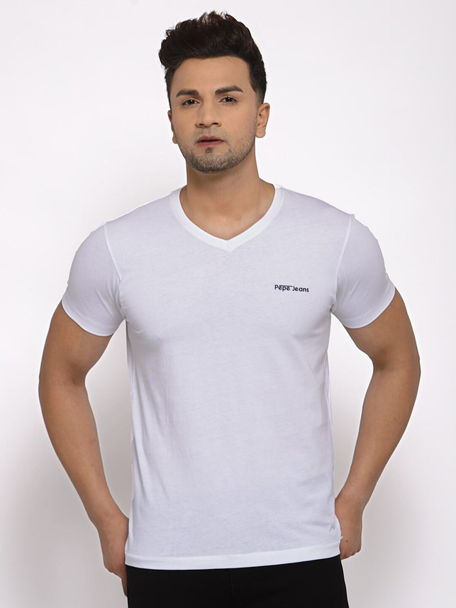 Pepe Jeans Solid Men V Neck White T 
