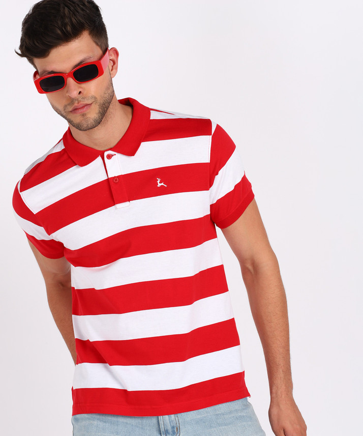 PARX Striped Men Polo Neck Red, White T 