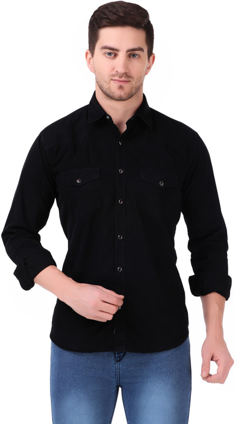 DESIGN UP Men Washed Casual Black Shirt 