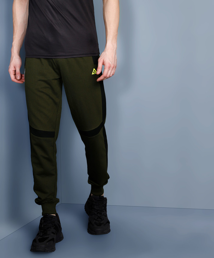 Color Block Men Dark Green Track Pants 