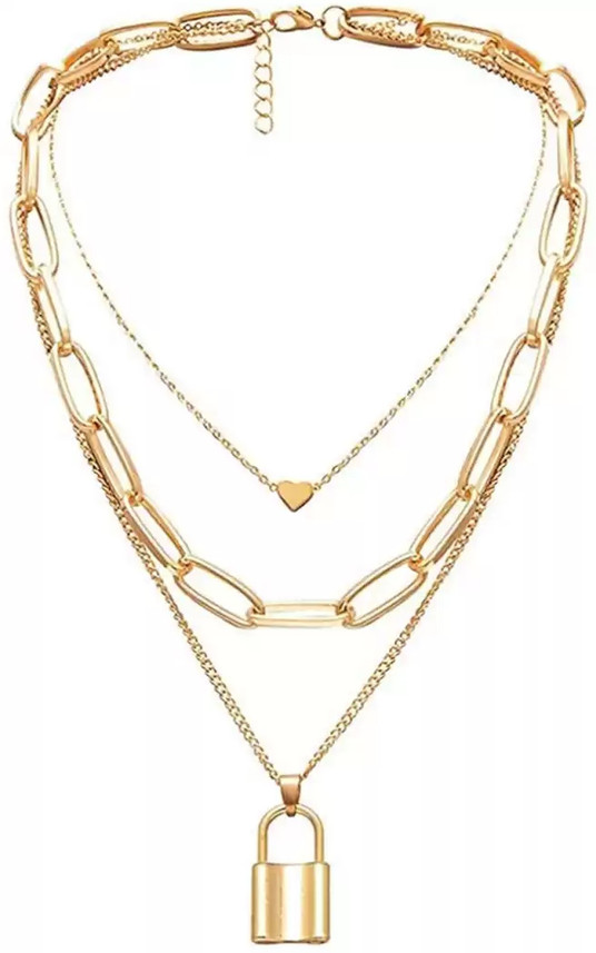 Multi layered Heart Lock Pendant Chain 