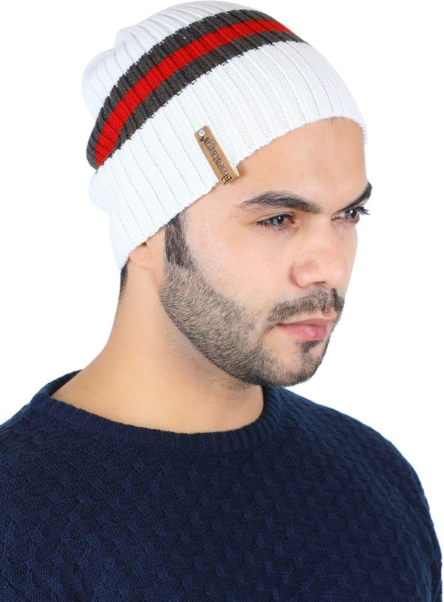 Red Striped Texture Beanie White Cap 