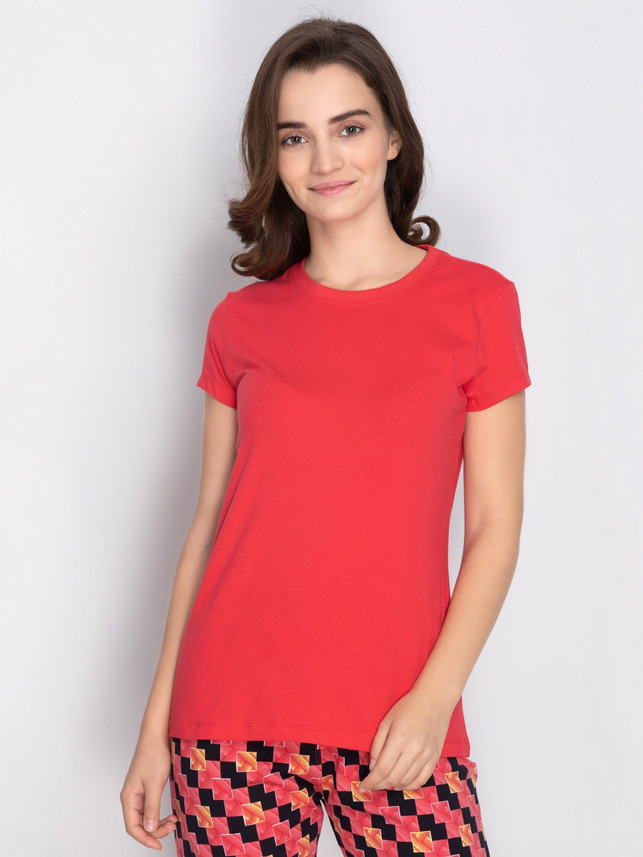 Lyra Solid Women Round Neck Red T-Shirt 
