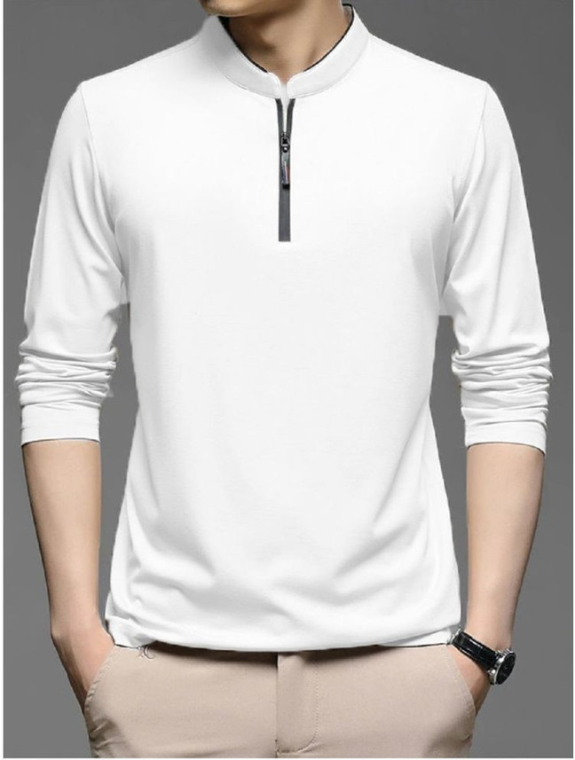 LIME Solid Men Mandarin Collar White T 
