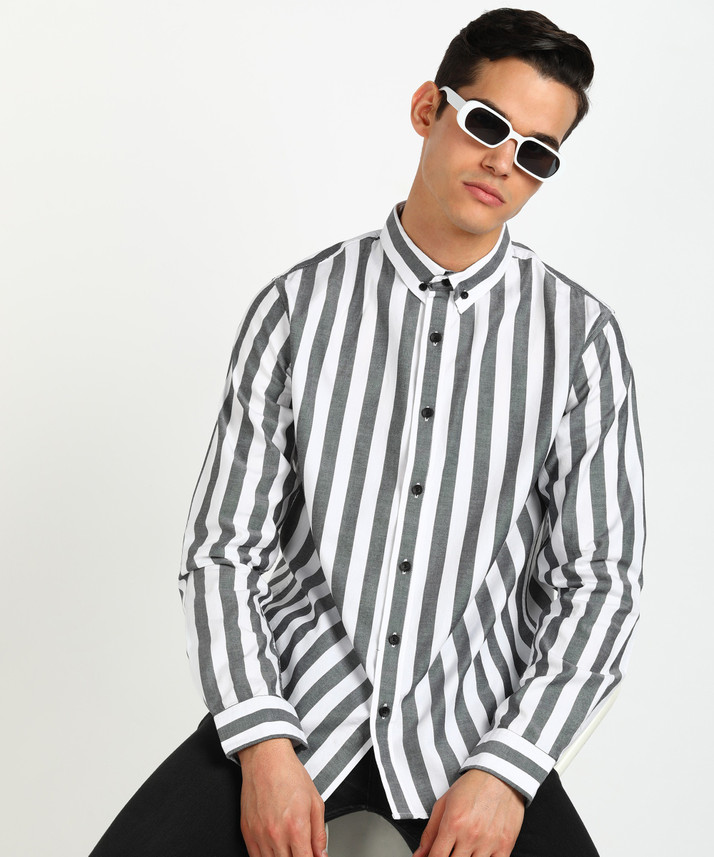 Men Striped Casual Grey, White Shirt 