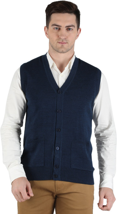 V Neck Casual Men Dark Blue Sweater 