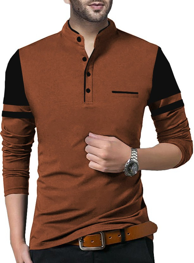 TRIPR Solid Men Mandarin Collar Brown 