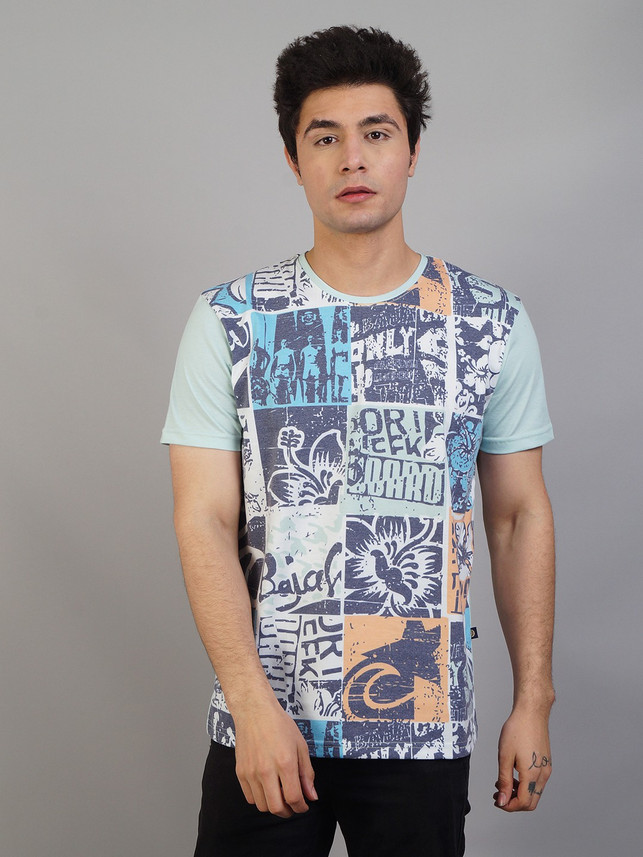 THREADPRINT Printed Men Round Neck Blue 